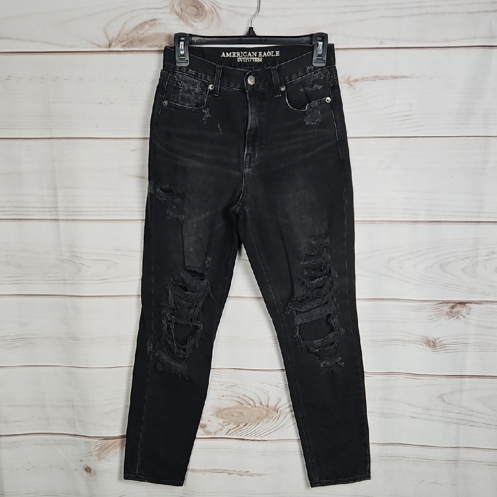American Eagle Outfitters High Rise Black Distressed Mom Jeans - Size 2